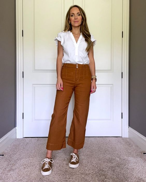 White Blouse with Brown Pants